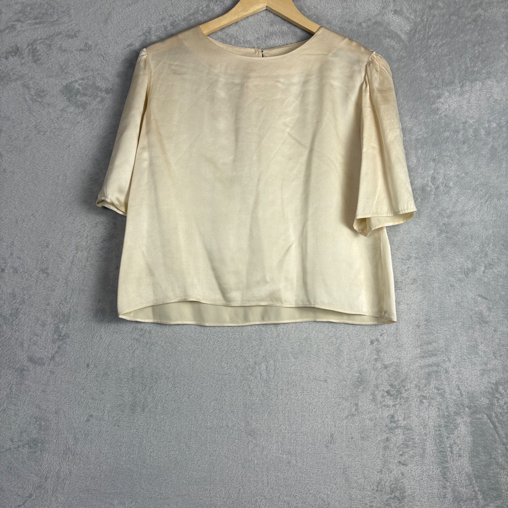 Silk Blend Blouse Top Cream Ivory Flutter Sleeve L Quiet Luxury Chic Coquette